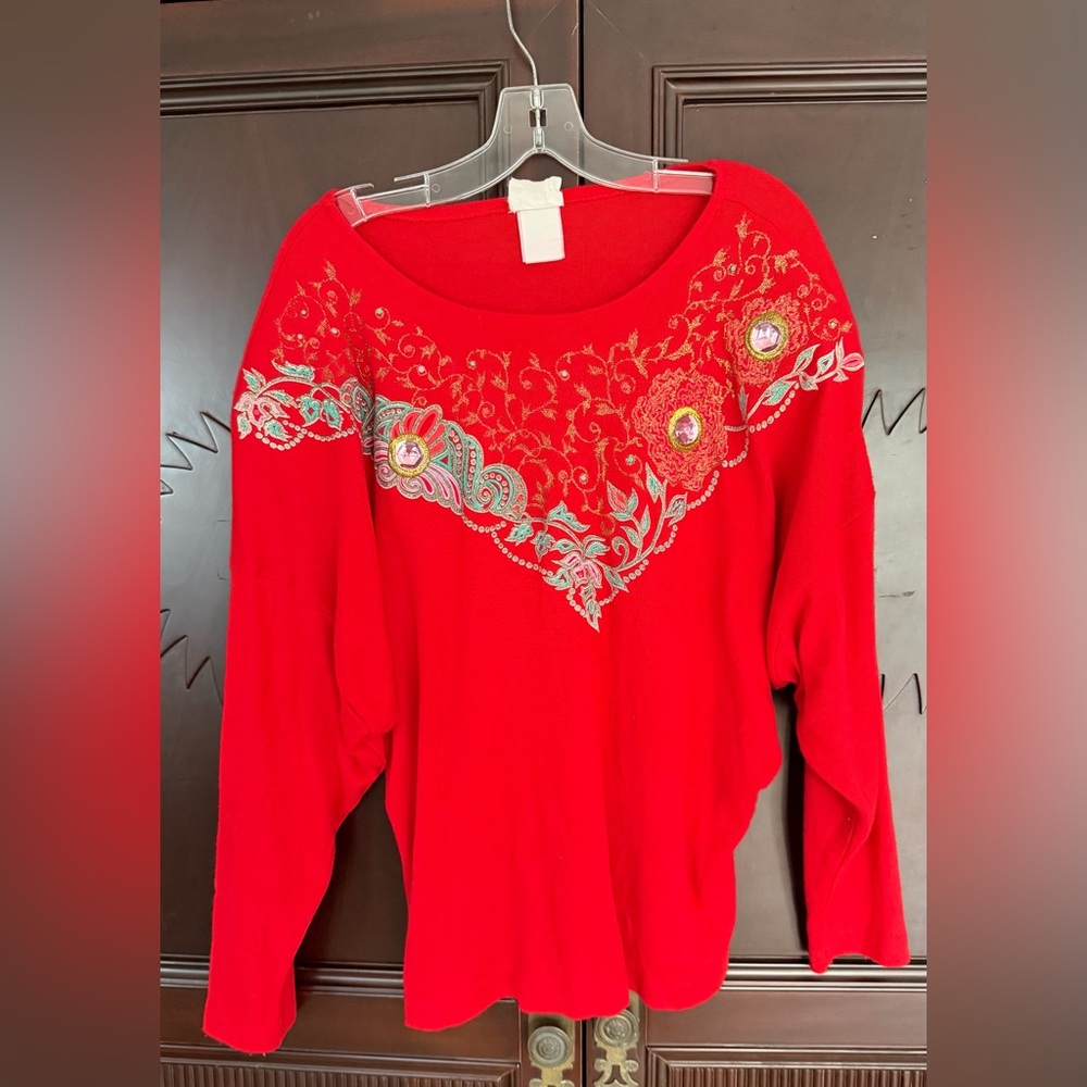 VINTAGE SUZY PHILLIPS Red Embellished Sparkly Hand Painted Bedazzled Sweater